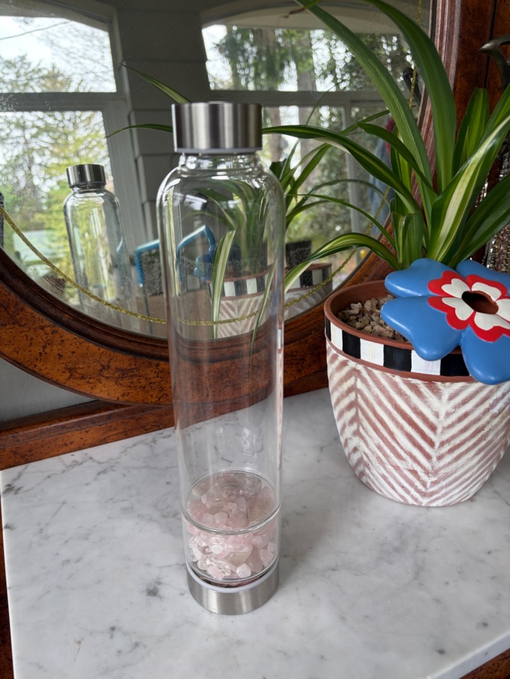 Crystal Gemstone Infused Glass Water Bottle - Rose Quartz